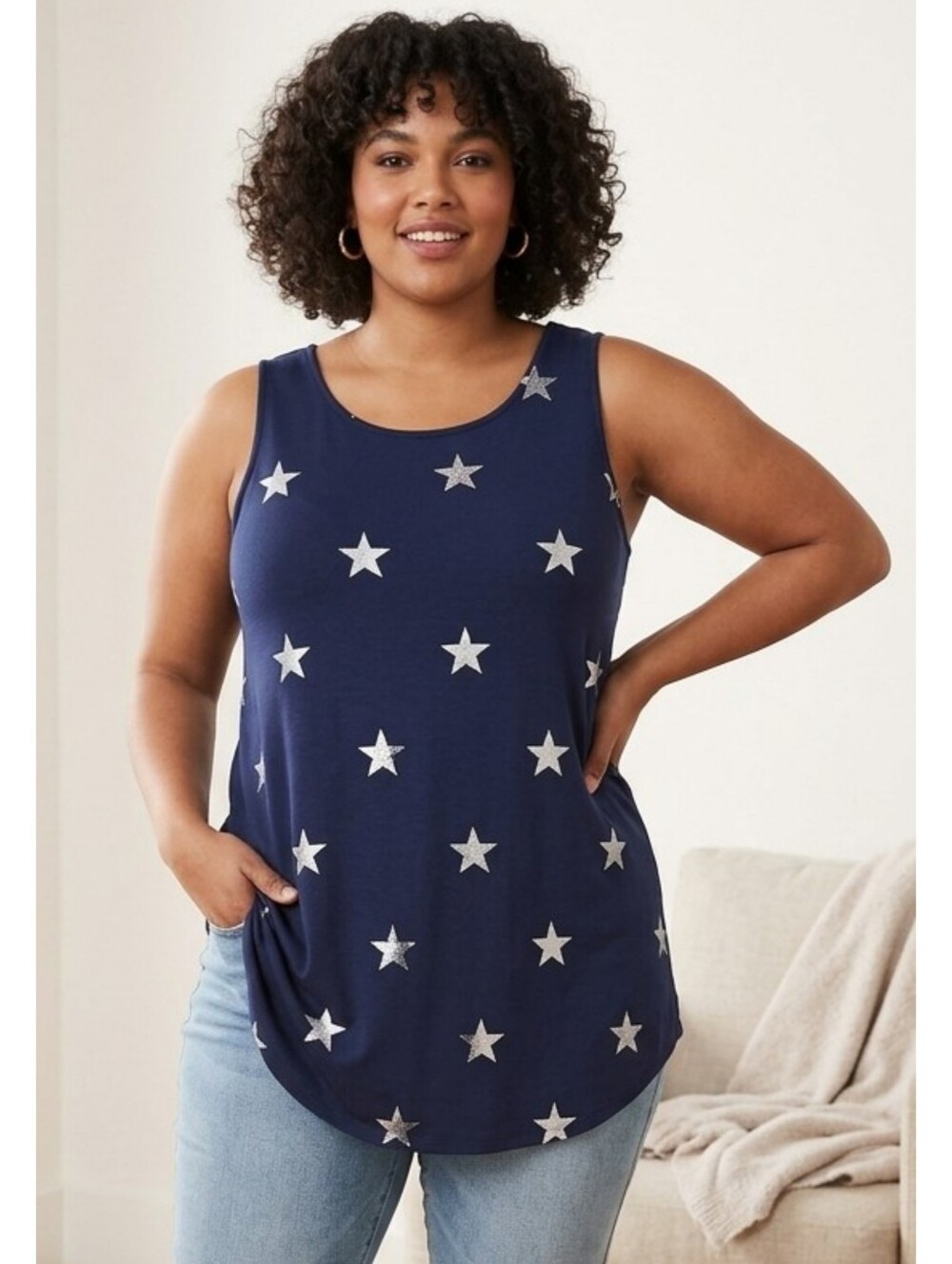 Old Navy Printed Luxe High Neck Tank Top Americana Silver Foils Star Pattern